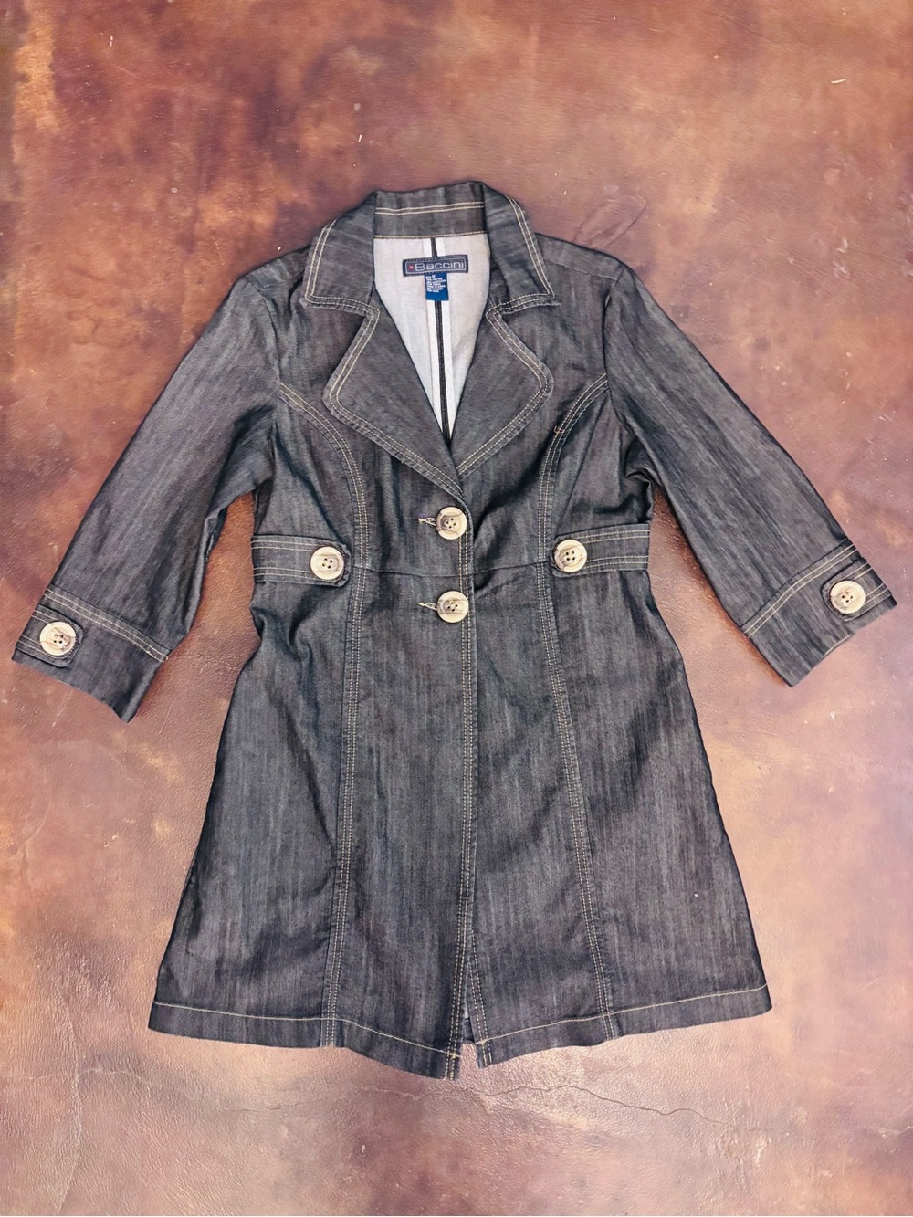 VTG 90s Baccini Blue Denim Button Front Jean Dress Jacket M Dark Wash Y2K